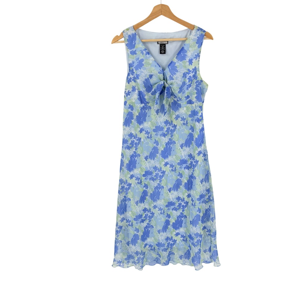 Vintage 90s Sleeveless Midi Dress Blue Floral Size 12 Watercolor Sheer Overlay